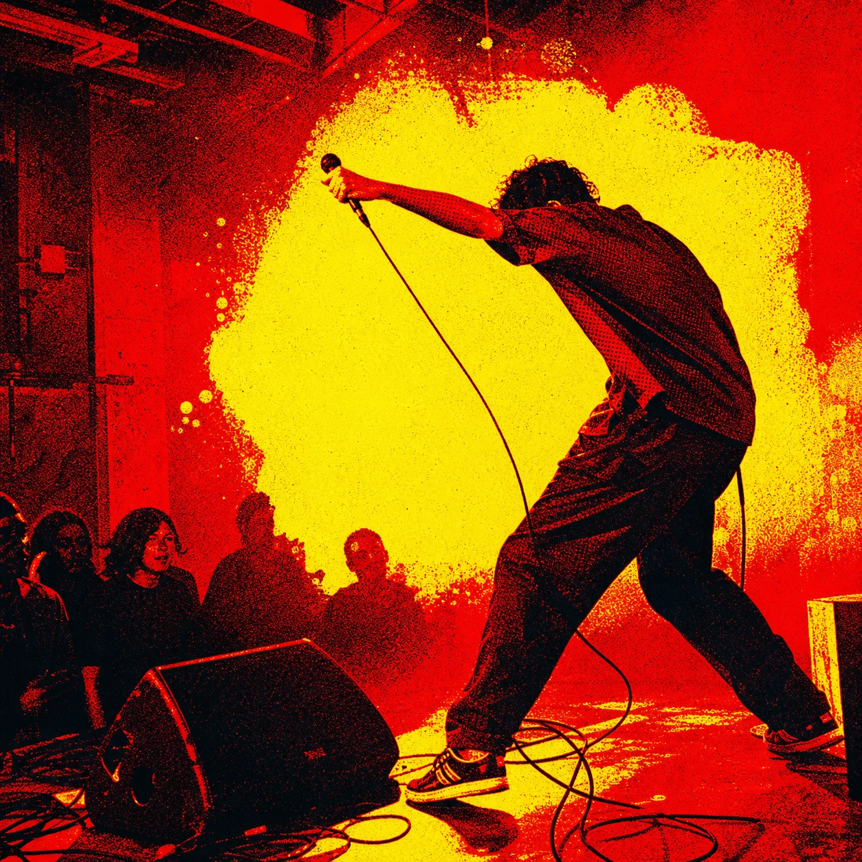 Live performer in motion rendered as a red and yellow risograph