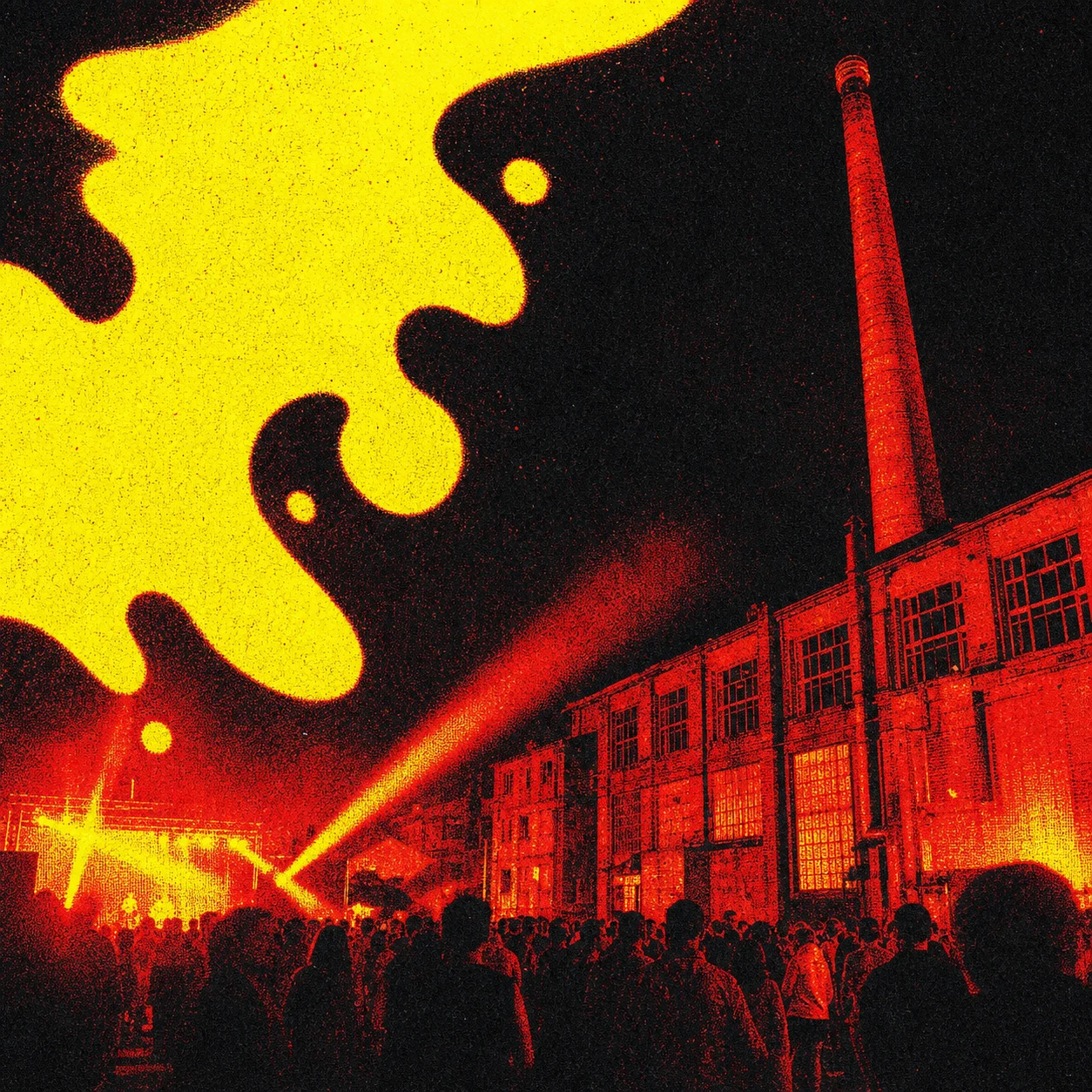 LOFTAS factory and night crowd rendered as a red, yellow and black risograph
