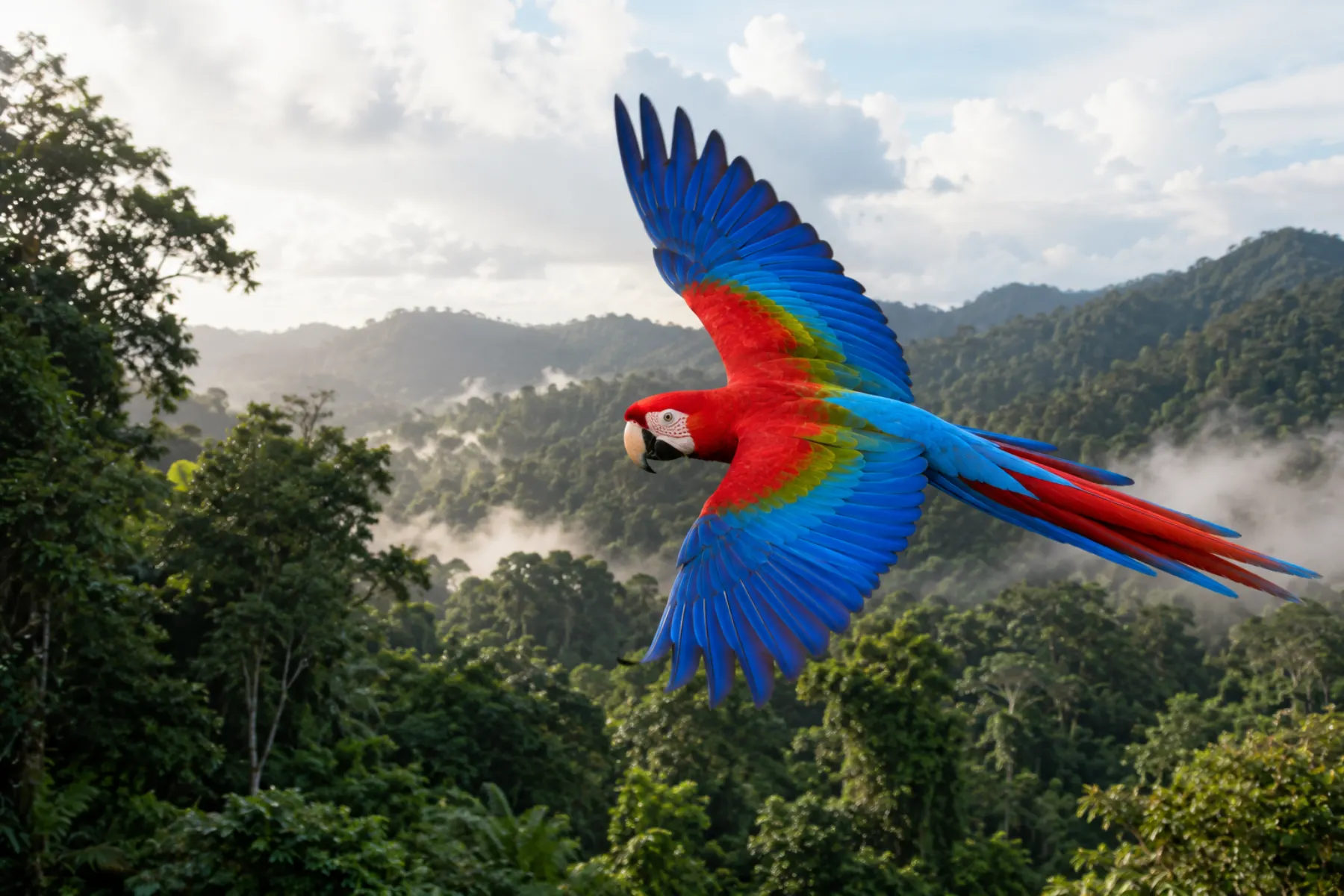 Guacamayo sobre un bosque profundo atravesado por una cascada